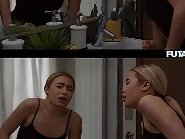 Drunk brunette got fucked by blonde real futanari with a cumshot in the end