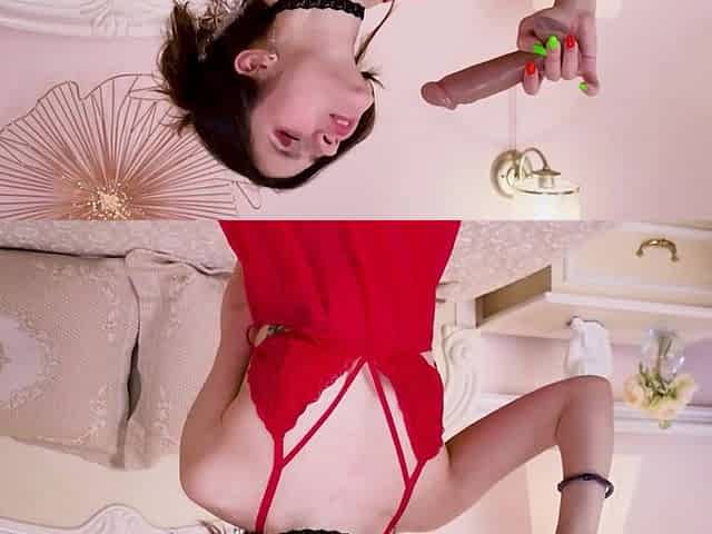 Slut in Red Lingerie Gives a Deep Blowjob with Pleasure