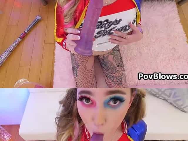 Big-breasted Katies sloppy POINT-OF-VIEW blowjobs on dildo and knob