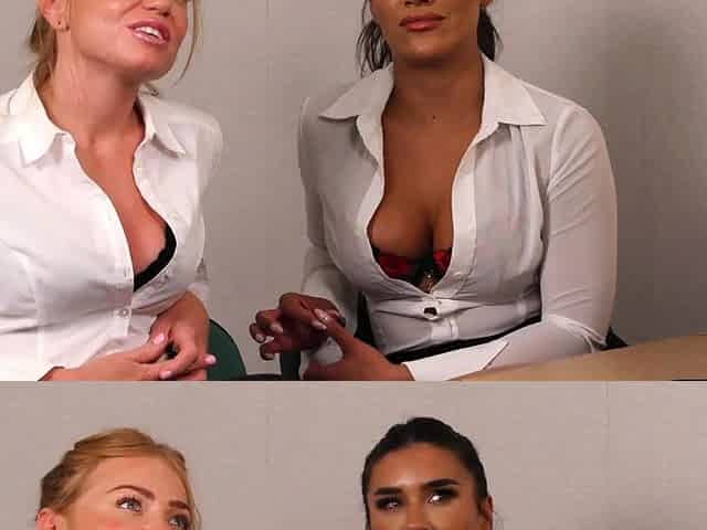 Busty office voyeurs reviewing tugjob