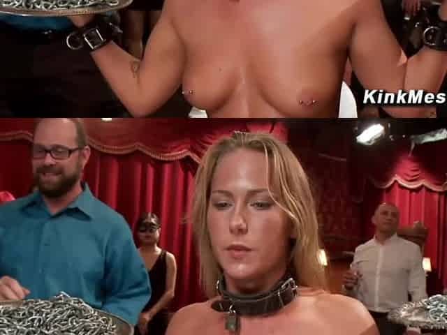 Gorgeous slaves compete to serve cock