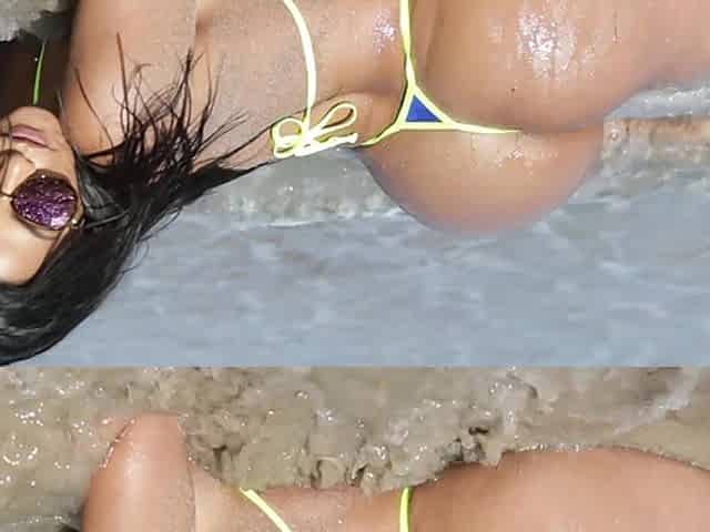 Brown sugar bombshells JMac and Rose Monroe heat up a beach day in skimpy bikinis