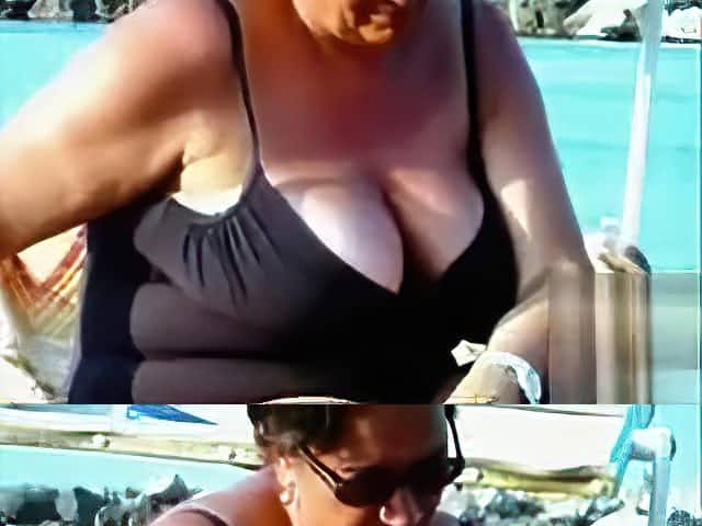 Large saggy breasts in bikini tops by the pool