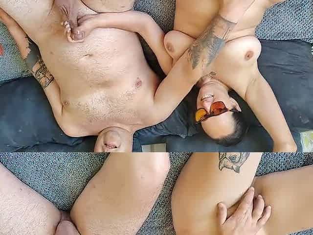 lewd amateur pair: intensive jerking off session with thick silicone sleeve and a lot of lube