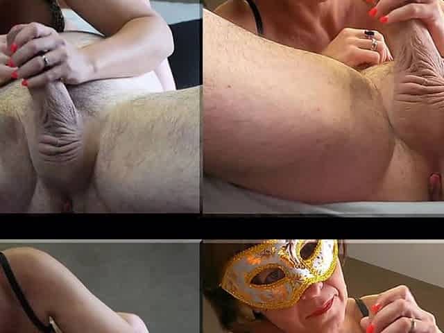 Masked MILF Sucks Hubby's Cock Massaging His Balls and Swallows Cum Double Bottom View