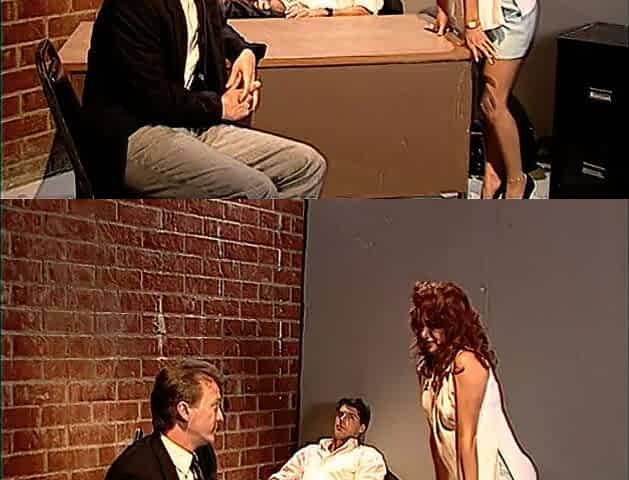 Natural bazookas redhead slut seduces lads on the office table