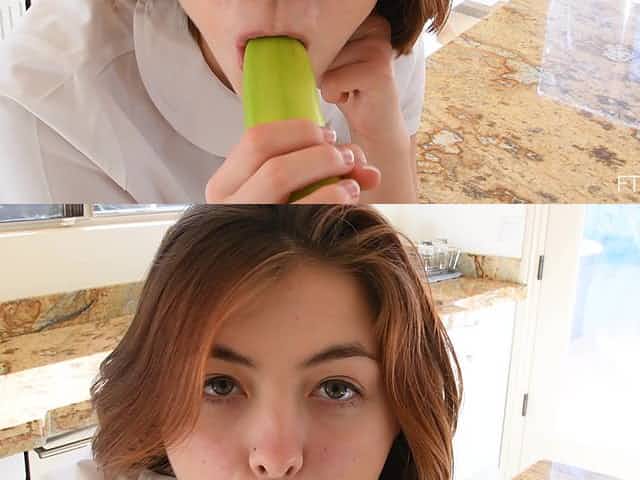 Brunette teen Aria sucks on a banana and masturbates