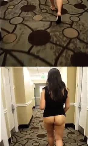 Naked Asian MILF in a Hotel Hallway