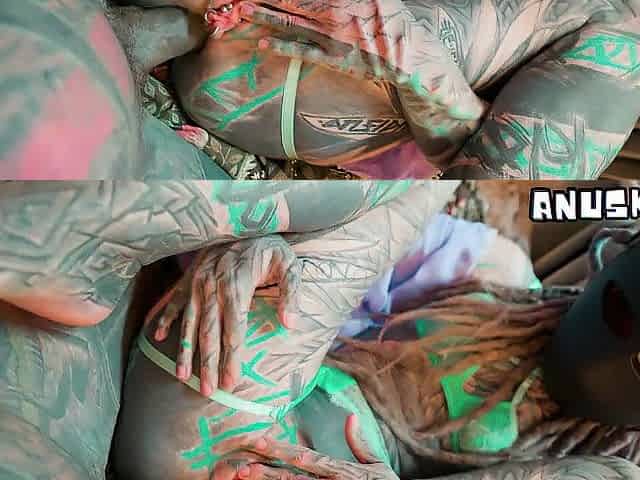 Tattooed, masked beauty gets anal banged and ends up with her vagina trickling in cum