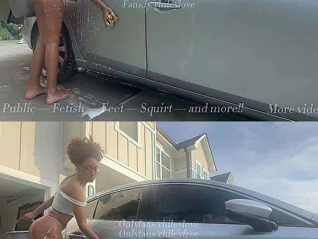 Black Washes Her Car in Skimpy Raiment Whilst Neighbour Watches