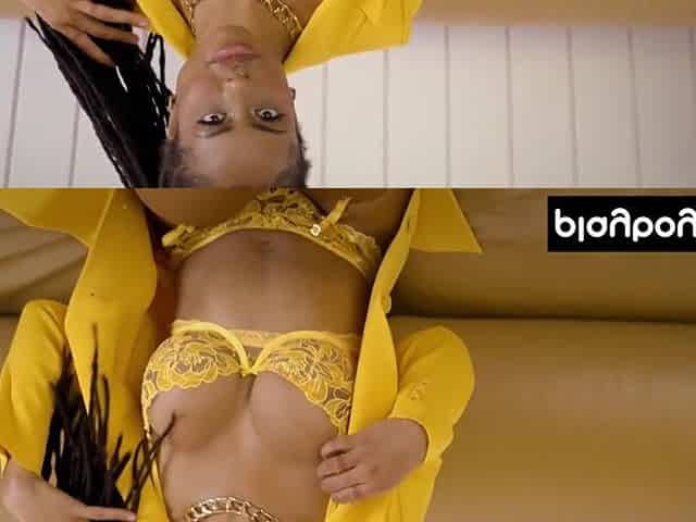 Gorgeous black sweetheart taking off her hot yellow underware