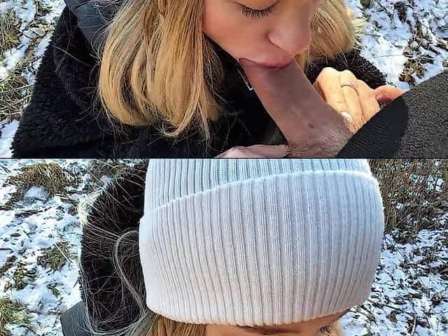 Russian golden-haired gave a oral pleasure in the forest and left, showing her butt! I'm cheerful about this!