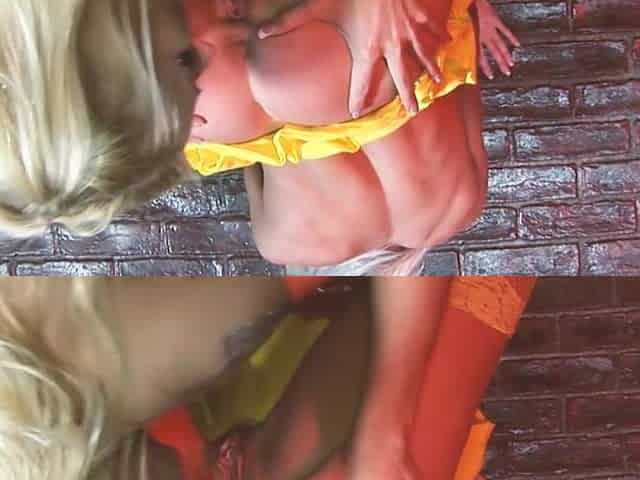 2 AT A TIME Scene-4_Breasty blondes in underware having a three-some in the alley, including a facial.