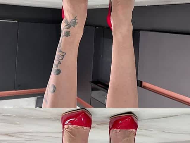 My New Red Stiletto High Heels, 12 Cm Heels and Short Black Mini Dress