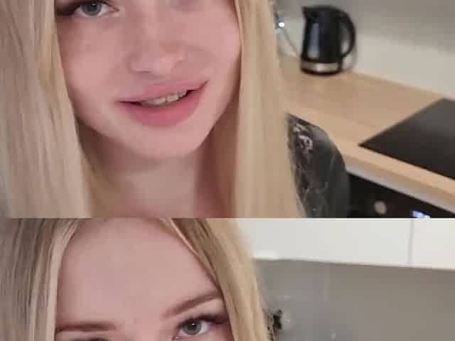 Slutty Blonde with huge fake tits pays for pizza with her wet pussy