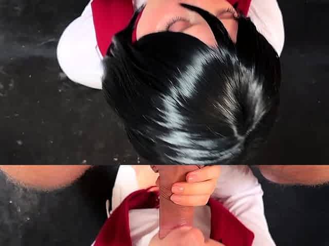 Schoolgirl brunette doggystyle and blowjob