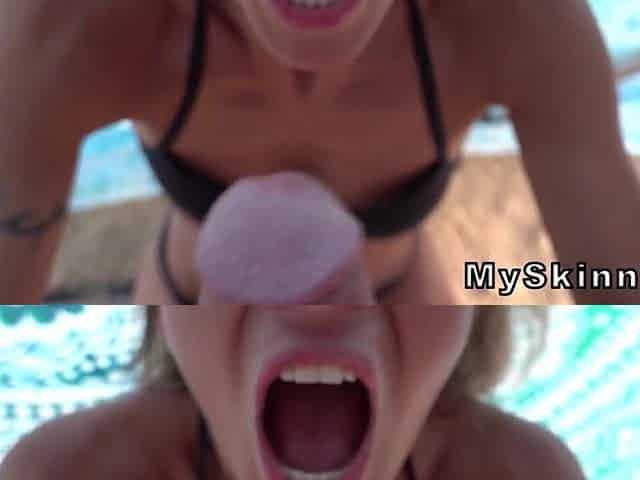 Spunk flow on her cute face! My slender girlfriend likes to suck my large ramrod. POV