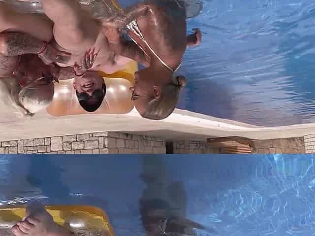 German Pornstar Kira Knight and Jeaninne Hot Threesome at the Pool with Young Guy