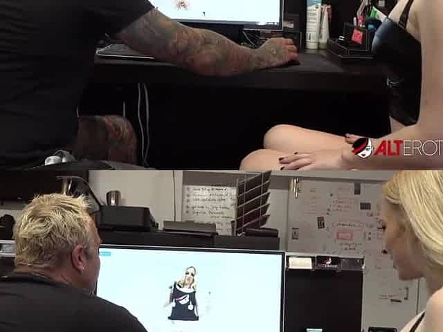 Cute golden-haired Delirious Hunter sucks Sascha in the office