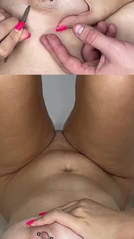 Pulling Hair with Tweezers on Natural Tits!
