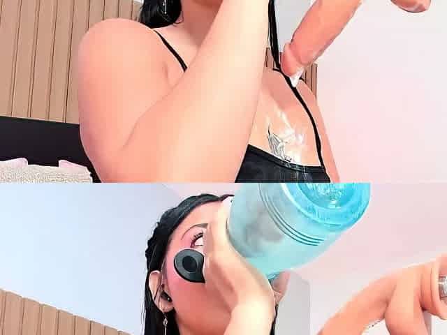 Brunette enjoys the toy on gaping pussy while masturbating