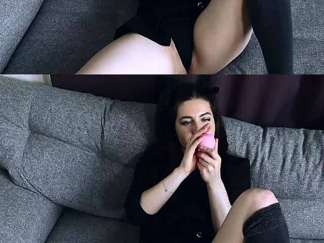 Small titted brunette Sharron with glasses masturbates