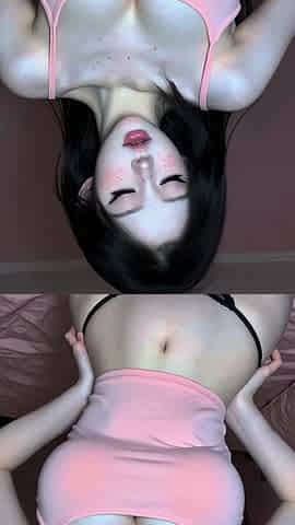 Girl with long black hair kneels for deepthroat on bedroom