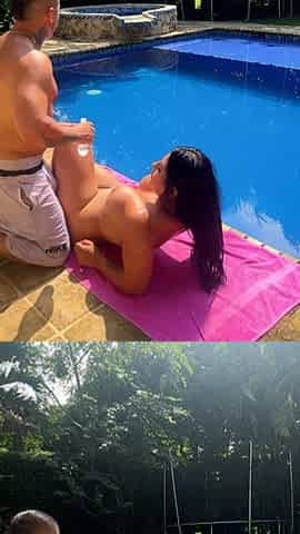 Flirting with a super hot busty Colombian outdoors in the