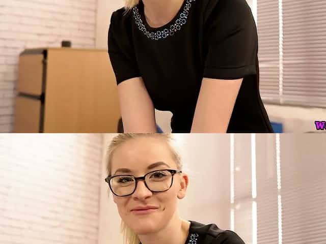 Amazing sexy light haired all alone secretary Gracie strips and plays with twat