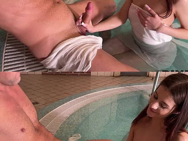 Two cute teens having fun in the swimming pool