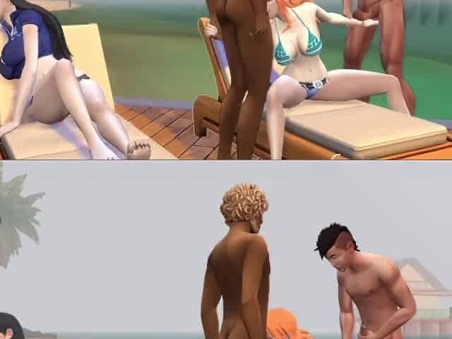 Nami and Robin relaxing group sex at the Spa Island