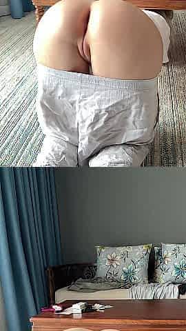 Golden-haired curvy hotty bow over and show her large booty and juicy, bald vagina