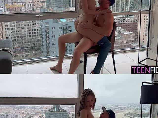 Short youthful thick hot golden-haired with astonishing booty wraps twat around a large shlong