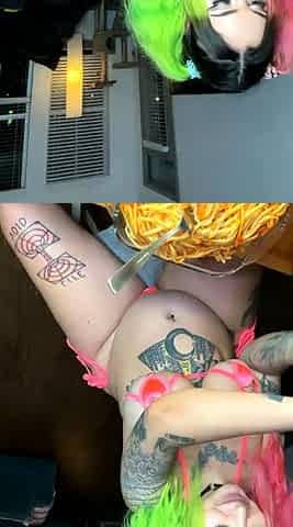 Busty curly brunette with big boobs fucks on couch