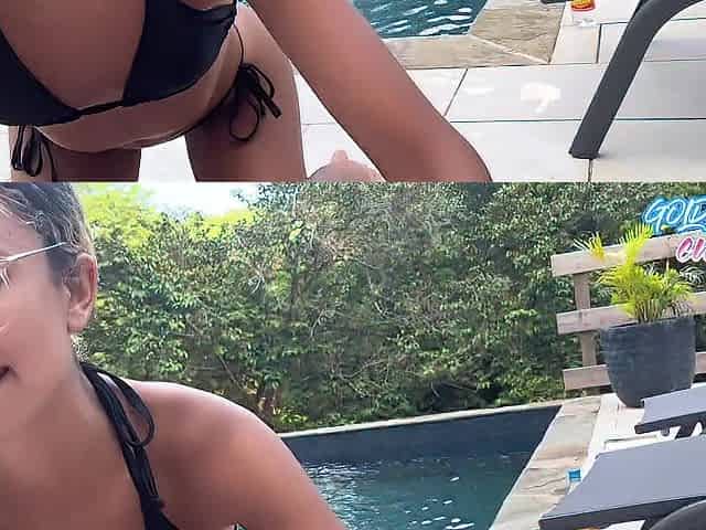 LATIN CHICK GIVES A SLOPPY ORAL OUTSIDE AT THE POOL