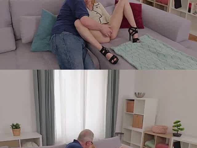 Grandpapa is tempted by blond Russian model with large breasts for twat licking