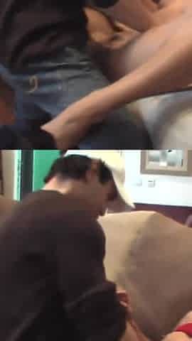 Sexy asian chick in fishnet gets fingered and fucked in a threesome