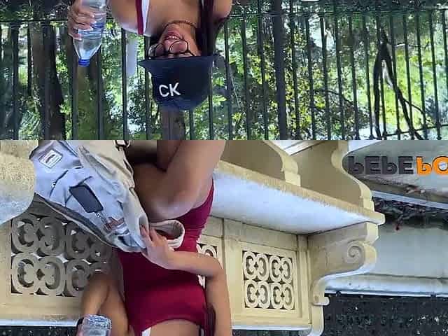 Brunette hair Latin tourist sweetheart licks a weenie in public in Seville