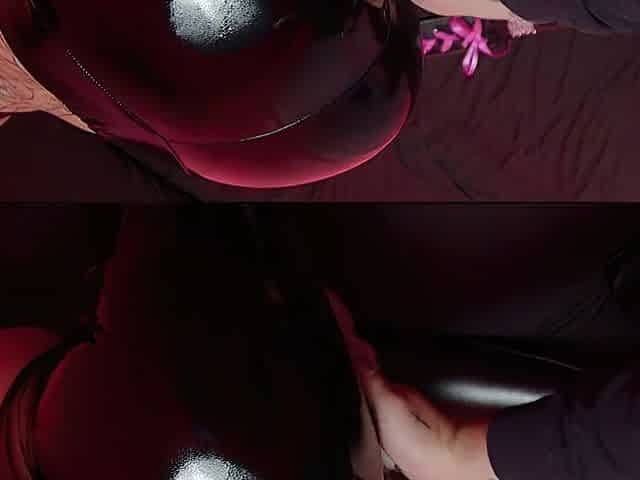 Oily leather leggings butt flogging with paddle