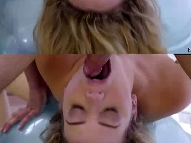 Tattooed boy gives nude blonde nymph from the rear while