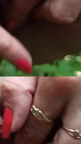 Solo masturbation outdoors in bathrobe and golden shower close up
