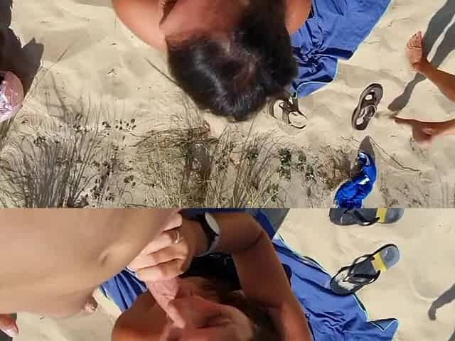 Floozy at beach sucks and swallows in 3some