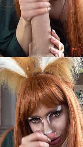 Cosplay horny fox sucking huge cock, cum in mouth, 4K