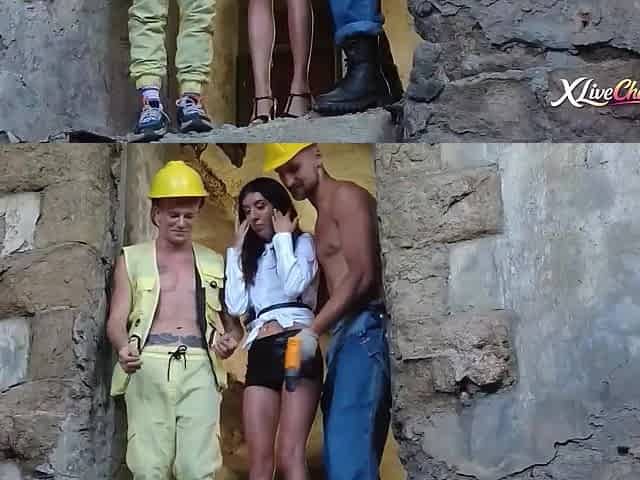 Construction Workers Gangbang Horny Brunette in Ruins Double Penetration