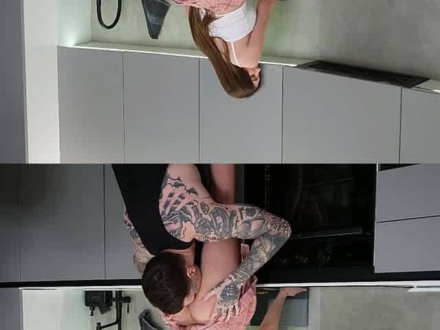 Brunette Babe Fucks Tattooed Guy in Modern Kitchen