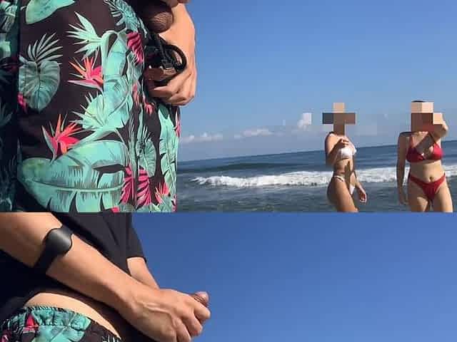 Public flash knob on the beach in front of 2 concupiscent cuties who want my dong