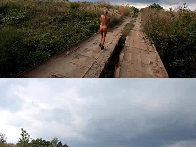 Risky Public Walk - Naked on a Broken Bridge
