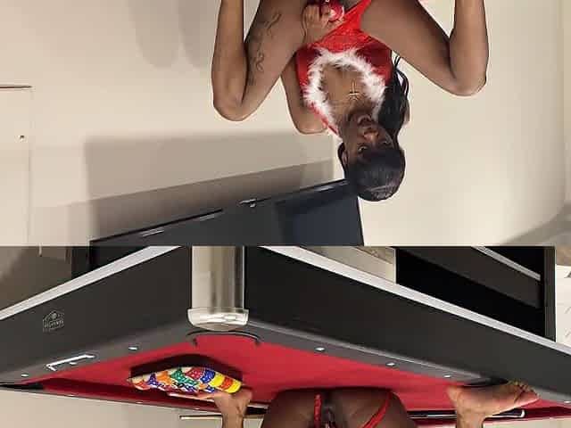 Black plays with her twat on the pool table