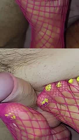 Foot fetish fuck with stepmom in a fishnet suit