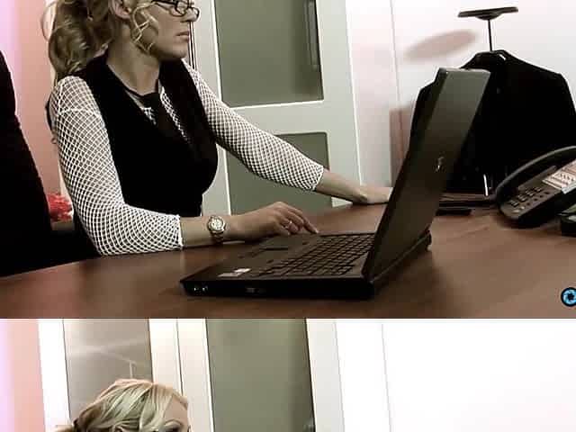 Office working blond mother i'd like to fuck in nylons gets a tit spunk flow on her large fake bazookas